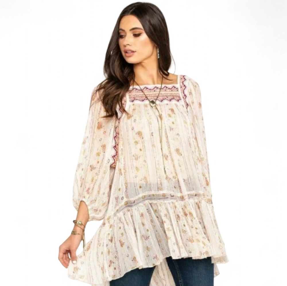 Free People Floral Embroidered Tunic - Cream and Pink